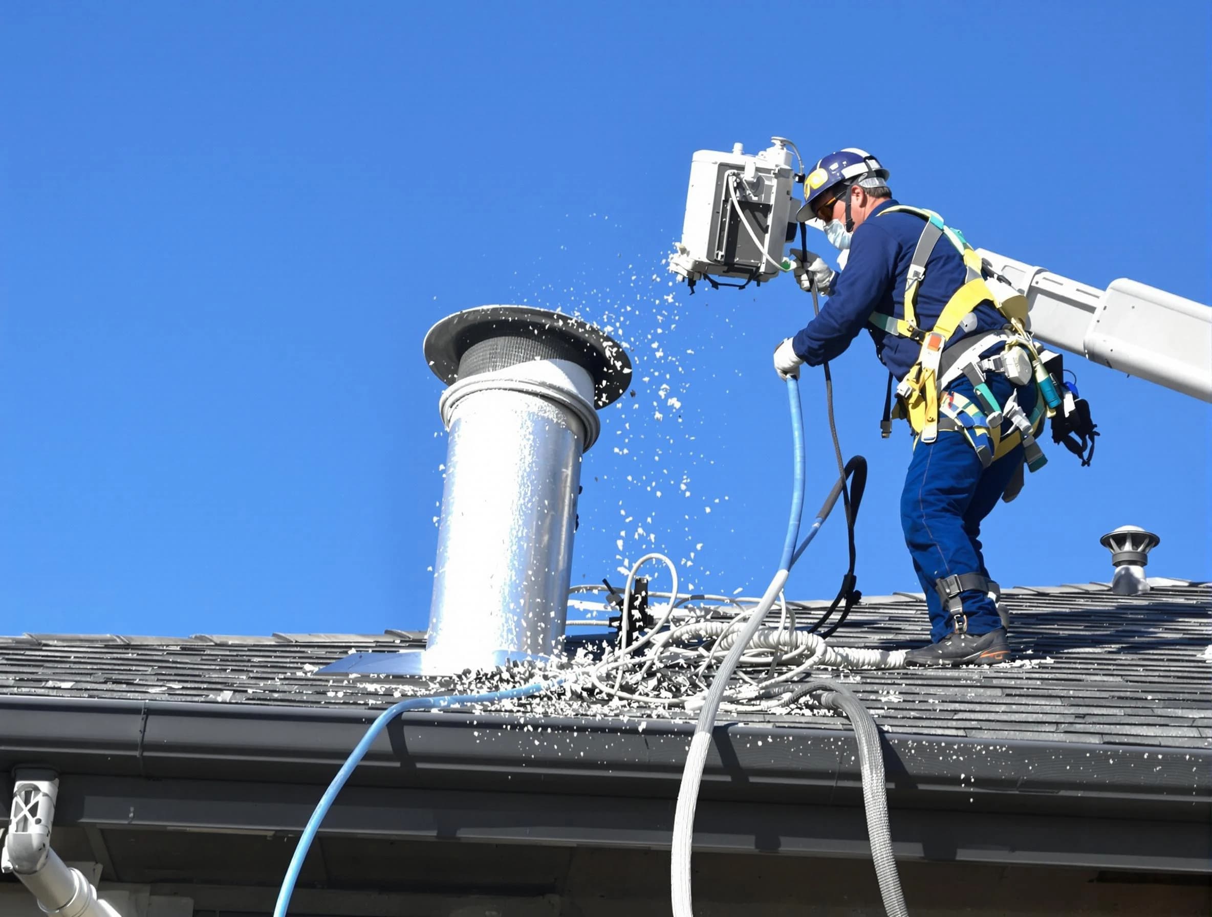 Roxborough Park Dryer Vent Cleaning certified technician safely cleaning a roof-mounted dryer vent in Roxborough Park